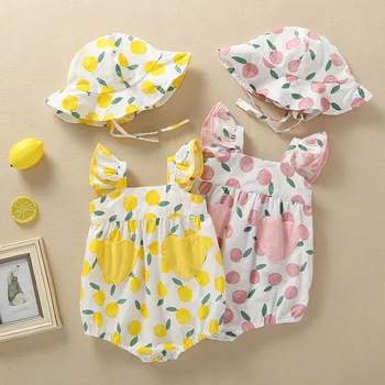 

Cute Newborn Baby Romper Set Newest Baby Girl Summer Outfits Cotton Girl Clothes Sleeveless Strap Romper Sun Hat Apple Printed