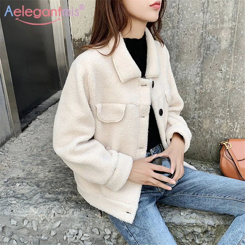 

Aelegantmis Casual Pockets Wool Blends Coat Women Autumn Winter Faux Fur Coat Hooded Teddy Coat Female Fleece Fluffy Overcoat