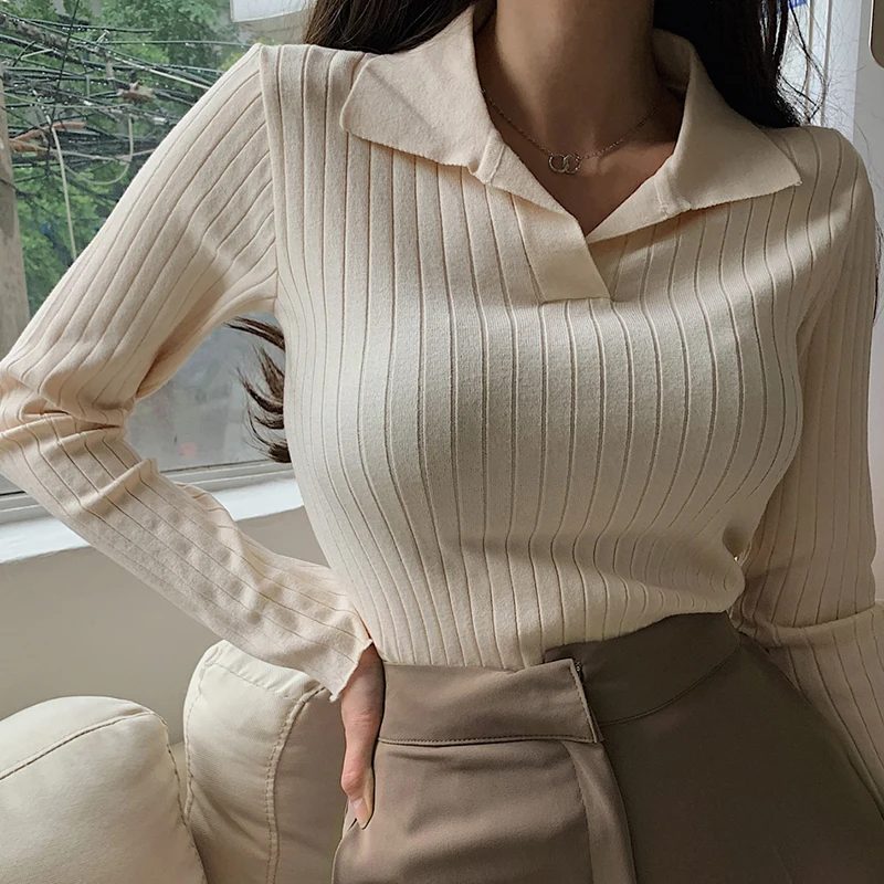 pink sweater Korean Style Turn-Down Collar Women Sweater Female Long Sleeve Casual Pullovers Knitted Sweaters Clothes Sweter Mujer 2021 Fall blue sweater Sweaters