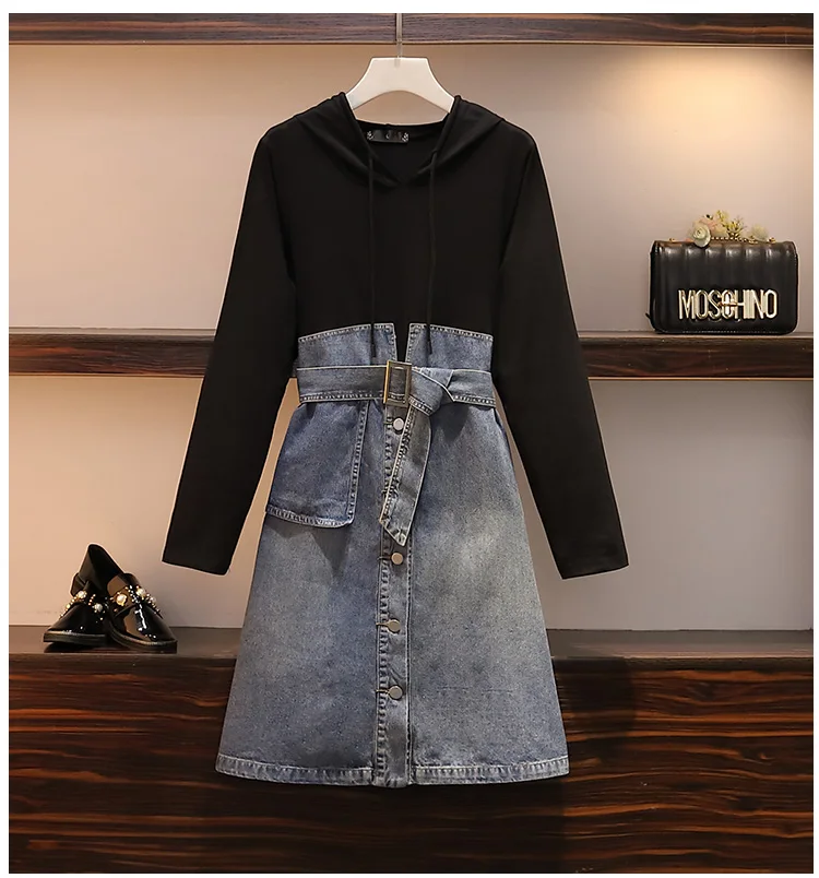 

Plus Size L-5XL Patchwork Denim Hooded Collar Long Sleeve High Waist Single Breasted Casual Dress Women Fashion Autumn Dress