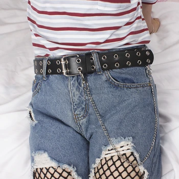 

New Punk Gothic black Faux Leather Belt Metal Chain Ring Waist Strap two layer hole design Street Dance Decorate belts for women