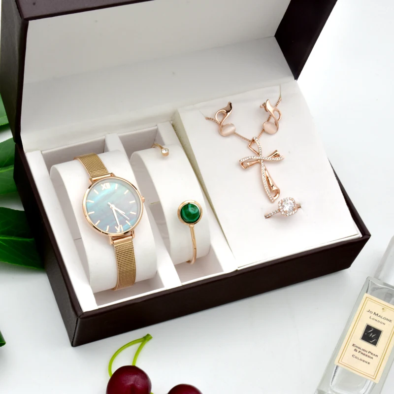 

Fashion Women Malachite Green Dial Mesh Band Watch and Rose Gold Bracelet Set Earrings Necklace Ring 5Pcs Set Gifts For Women