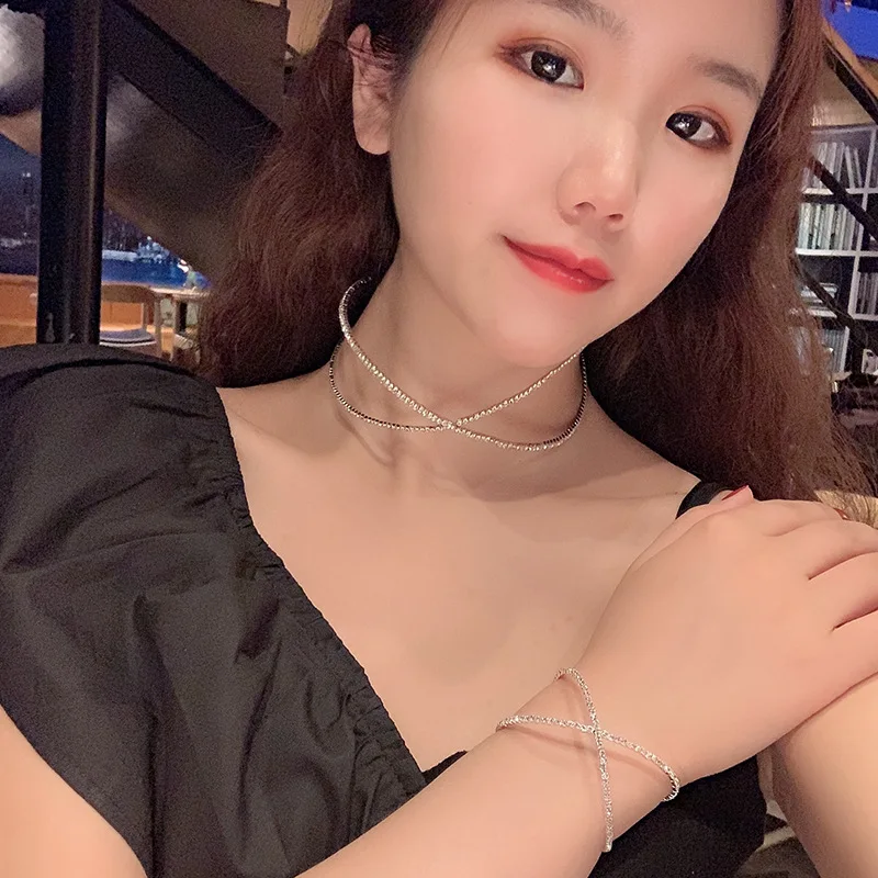 

Japanese Korean Fashion And Personality Cross Necklace Chocker Neck Ring Bracelet Set Accessories Full of Crystals Short Choker