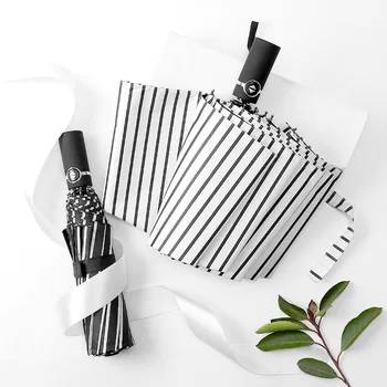 

Fully Automatic Ten Bone Extra-large Rain Umbrella Hipster Stripes Three Fold Vinyl Umbrella Rain Or Shine Dual Purpose All in 1