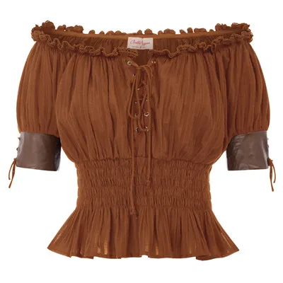 Сексуальная Женская футболка в стиле панк с вырезом лодочкой на плече, лето, эластичная талия, плиссированная Винтажная футболка, стимпанк, Короткие топы в викторианском стиле - Цвет: Brown