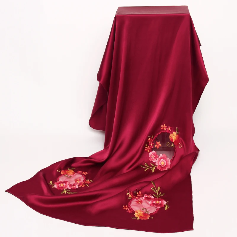 

100% Pure Silk Scarf Women Hollow Out Embroidery Real Silk Shawls Wraps for Ladies Foulard Femme Red Natural Silk Satin Scarves