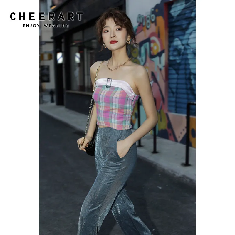 Женский комплект из двух предметов CHEERART летний розовый клетчатый укороченный