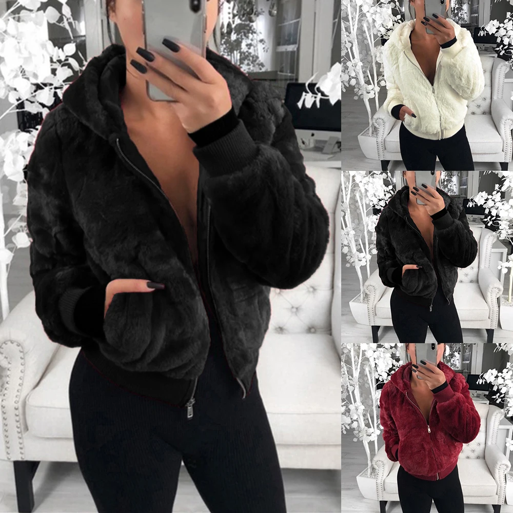 Faux Fur Coat Women With Hood New Oversize Coats High Waist Female Slim Fit Overcoat Tops Winter Warm Plush Jackets Outwear