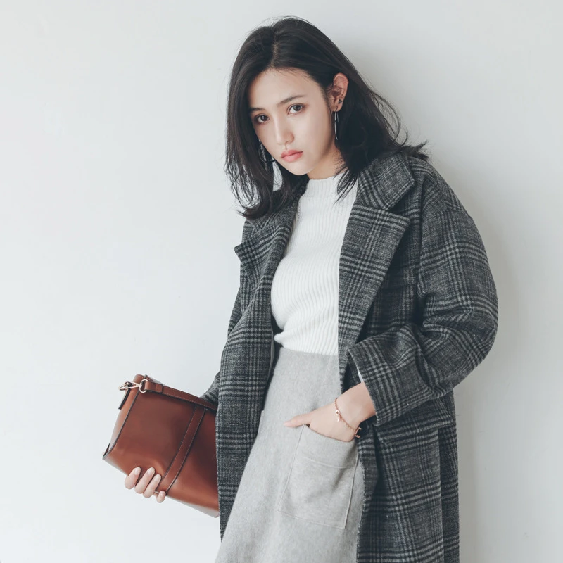 

Autumn Winter New Fashion Loose Plaid Thick Women Woolen Coat with Pocket 2019 Casual Office Lady Outwear Coffee Gray Coat B622