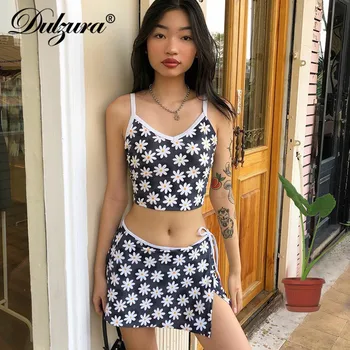 

Dulzura floral daisies print women 2 piece set crop top mini skirt strap slit sexy co ord 2020 summer clothes club party outfit
