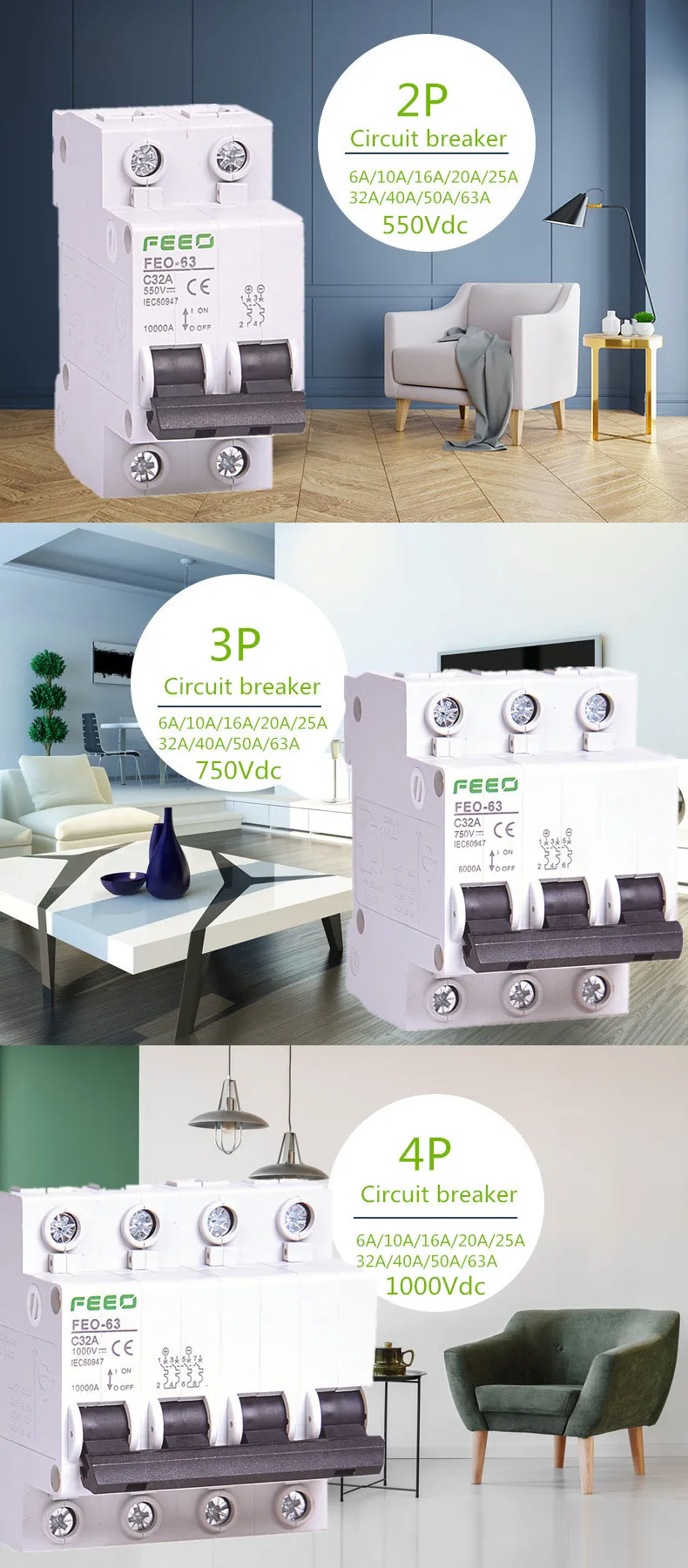FEEO 1P 250V 6A/10A/16A/20A/25A/32A/40A/50A/63A DC выключатель MCB C Кривая CE сертификат