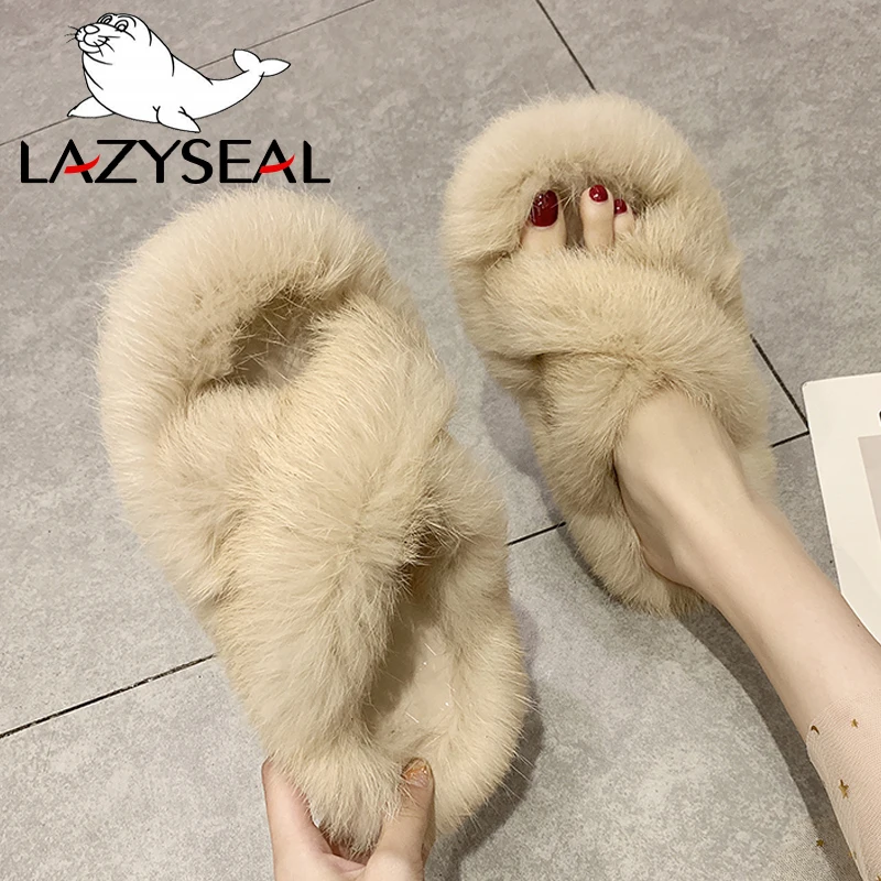 LazySeal реальные тапочки их меха под кролика Женская обувь Vogue Женские вьетнамки на