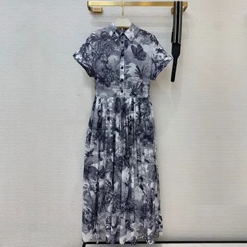 

100%Cotton Dresses Chinese Style Ink Jungle Butterfly Print Woman Dress Short Sleeve Mid-length Holiday Party Dress with Belt