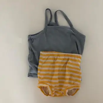 

2020 Baby Boys Girls Summer Clothes Set Pure Color Sleeveless Vest Tops Striped Shorts Pants 2pcs Infant Baby Clothing Outfit