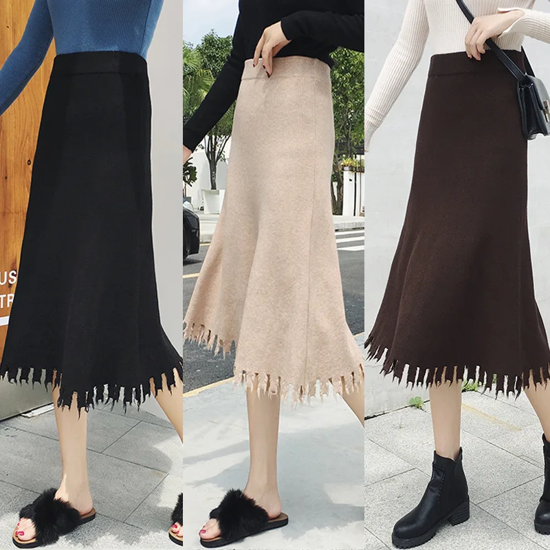 

Photo Shoot High-waisted A- line Skirt Autumn And Winter Retro Tear Burrs Knitted Skirt Mid-length Tassels Wool Skirt