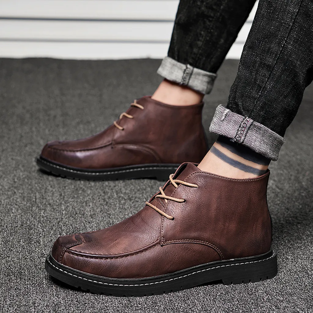 Обувь новые модные мужские ботинки zapatos de hombre, мужская кожаная повседневная обувь на плоской подошве с круглым носком Нескользящие ботильоны на шнуровке на низком каблуке