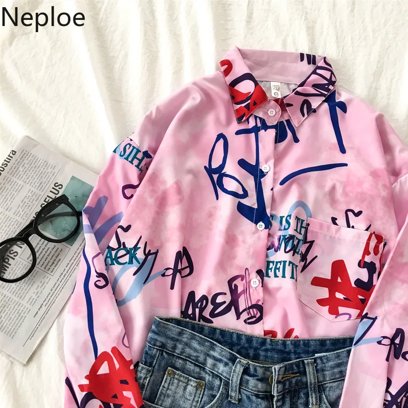 Neploe Harajuku уличная блузка, отложной воротник, длинный рукав, граффити, Женский Топ, Ретро стиль, свободная, с одной грудью, Весенняя рубашка 48400