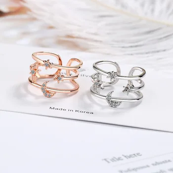 

Star Moon Cubic Zirconia Designer Stacking Chunky 925 Sterling Silver Adjustable Rings For Women Fashion Finger Jewelry