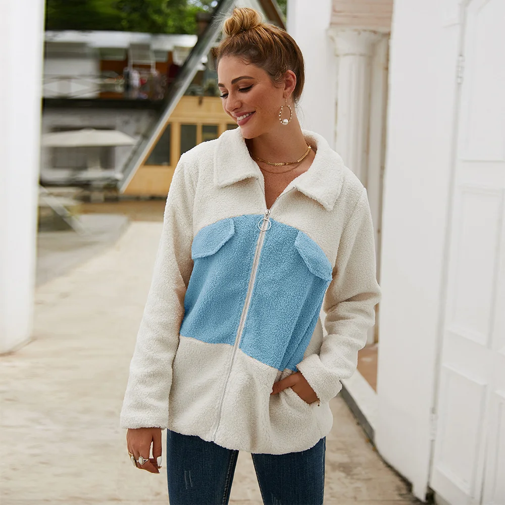 

Autumn Polar Fleece Color Matching Lapel Long Sleeve Big Pocket Long Sleeve Jacket Zipper Warm Winter Casual Crop Jacket Woman