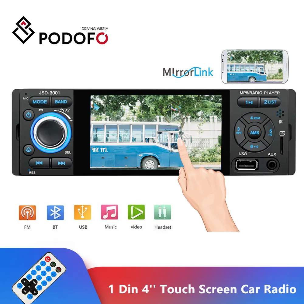 Дешево Podofo Автомагнитола 1 Din Авторадио 4 дюймов сенсорный экран Авто аудио стерео Мультимедийный Плеер Зеркало Ссылка Bluetooth USB AUX FM SWC