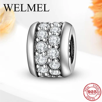 

Hot Sale 925 Sterling Silver Dazzing Zircon Round Fine Beads Fit European Bracelet Bangles Charms Original European DIY Jewelry