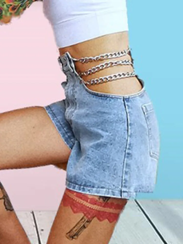 

Heavy craft sexy hollow chain high waist denim ladies shorts 2020New summer irregular fashion personality wild women shorts XL