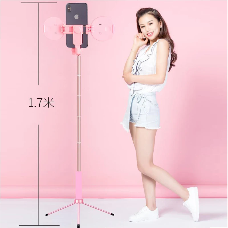  1.7m Extendable live Tripod Selfie Stick Support LED Ring Dual light mirror Stand 4 in 1 Phone Moun