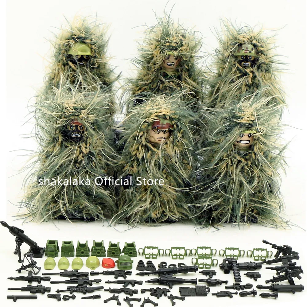 

6pcs Ghillie Suit MILITARY Camouflage Army Special Forces Soldier War SWAT DIY Building Blocks Figure Educational Toys Gift Boys