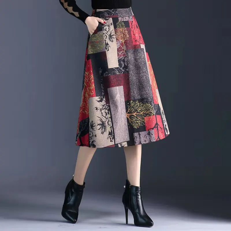 Faldas mujer moda женская одежда большая свободная юбка длинная юбка миди плюс размер шерстяная клетчатая юбка с высокой талией А-силуэта