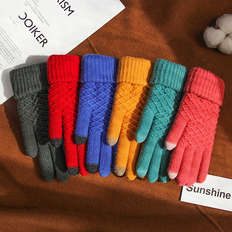Rimiut Women Knitted Winter Gloves Velvet Thick & Warm Casual Gloves Men Unisex Autumn Winter Touch Screen Skiing Gloves 11color