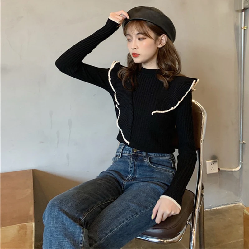 Sweater Women Fashion 2019 Autumn Winter Black Tops Female Knitted Pullovers Long Sleeve Ruffled Jumper Pull Femme Clothing Sweater Women Fashion 2019 Autumn Winter Black Tops Female Knitted Pullovers Long Sleeve Ruffled Jumper Pull Femme Clothing