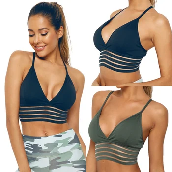 

Bra Solid Color Fish Silk Elastic Fitness Sexy Striped Stitching Bra Fitness Yoga Bra Running Without Steel Ring Sports Bra