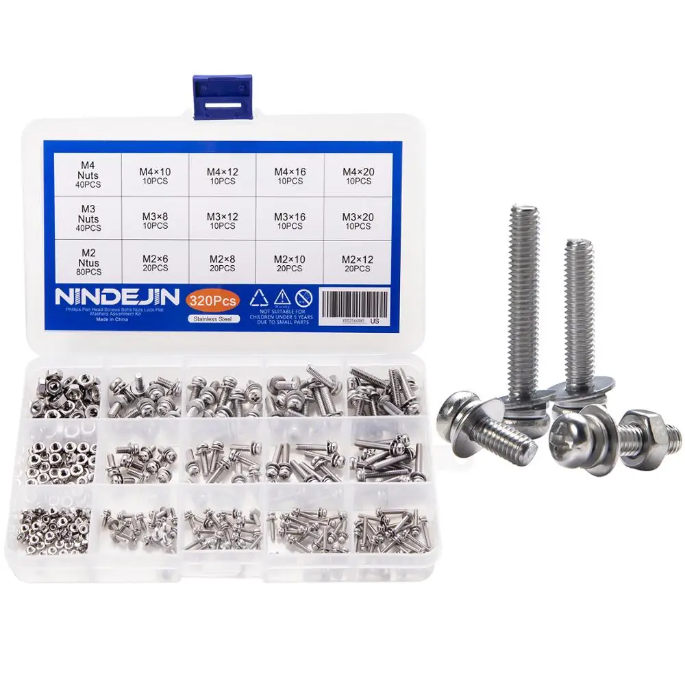 Günstige NINDEJIN 320 stücke M2 M3 M4 Schrauben Phillips Pan Kopf Schrauben Bolzen und Mutter Flache Scheiben Maschine Schrauben Set Edelstahl stahl Schrauben