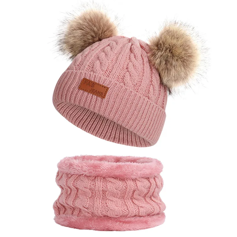 Новинка года, детская двухкомпонентная шапка, зимний теплый шарф, бархатная милая детская шляпа, высокое качество, хлопковая шапка с двумя помпонами для мальчиков и девочек - Цвет: Dark pink