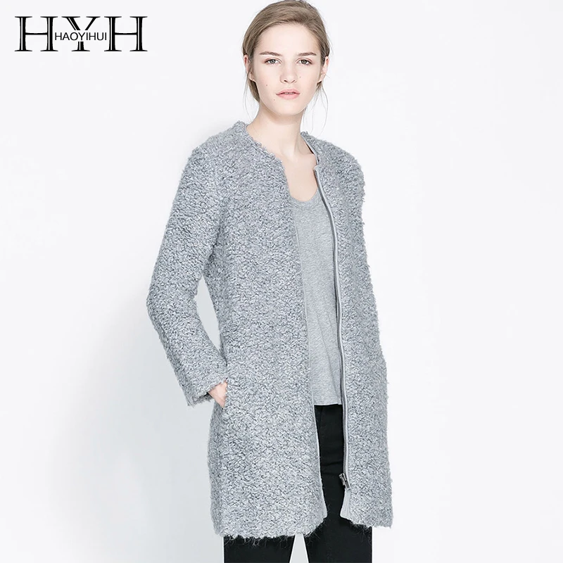 

HYH Haoyihui Autumn Fashion Roll Fur Clothing Stylish Round Neck Zipper Simple Womens Tops Windbreaker Long Woolen Coat Jacket