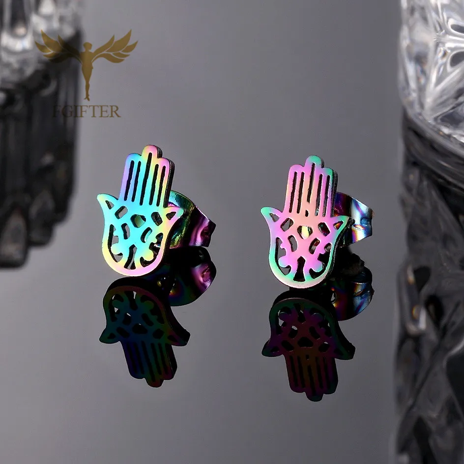 New Women's Earrings Religious Amulet Hand of Fatima Stud Earrings Multicolor Choose Stainless Steel Jewelry Wholesales 5