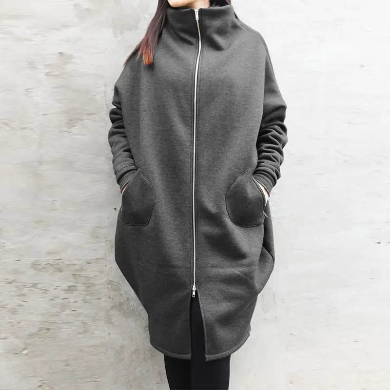 Мода ZANZEA женская футболка с водолазкой пальто Зимние куртки с длинными рукавами Женская флисовая Верхняя одежда Повседневная Свободная молния пальто 7 - Цвет: Темно-серый