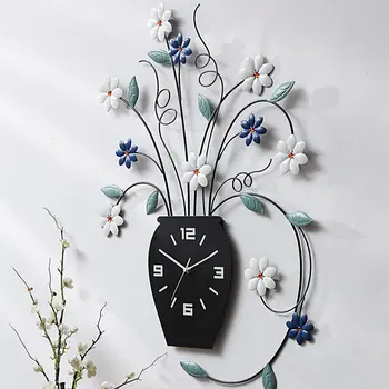 

Modern 3D Wrought Iron Flower Vase Wall Clocks Accessories Porch Metal Wall Mural Decoration Home Livingroom Wall Sticker Crafts