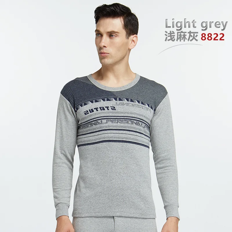 8822Light Gray Мужское термобелье костюм хлопок круглый воротник осень зима кальсоны - Цвет: 8822Light Gray