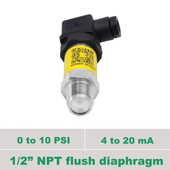 

1 2 NPT thread + AISI 316L flush diaphragm, anti block pressure transducer, 2 wire 4 to 20 mA analogue output, gauge 0 10 psi