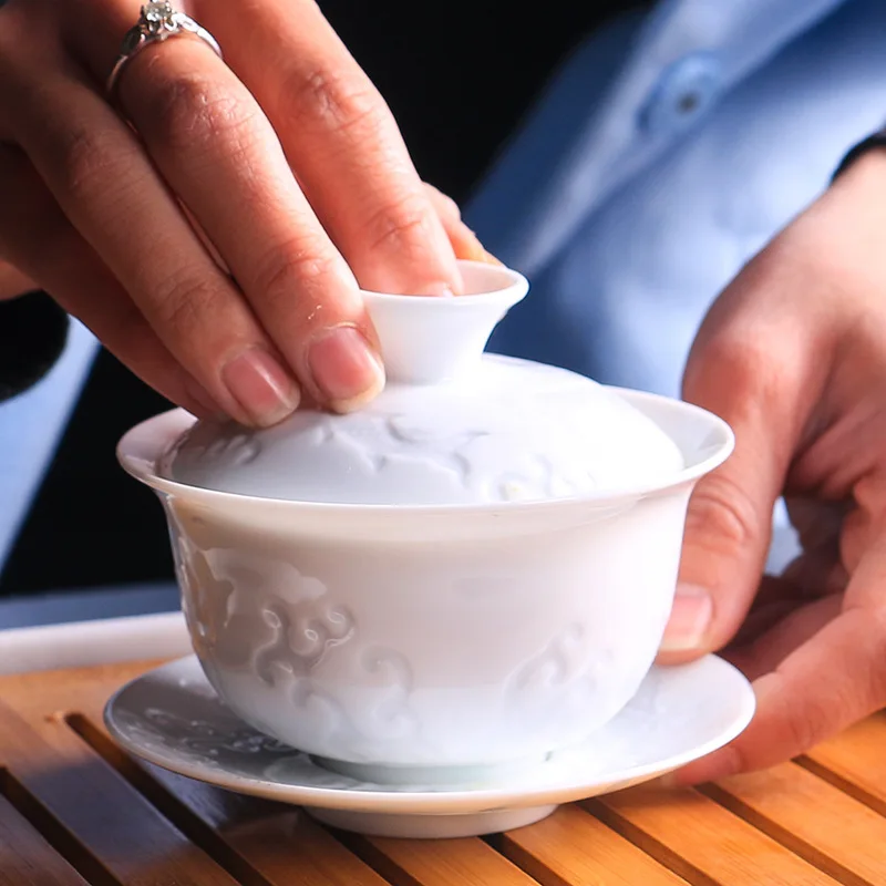 

High White Ceramic Shadow Engraving Blue Pattern Three-force Tureen Celadon Tea Bowl Tea Cup Large Size Are the Tea Trays Kung F