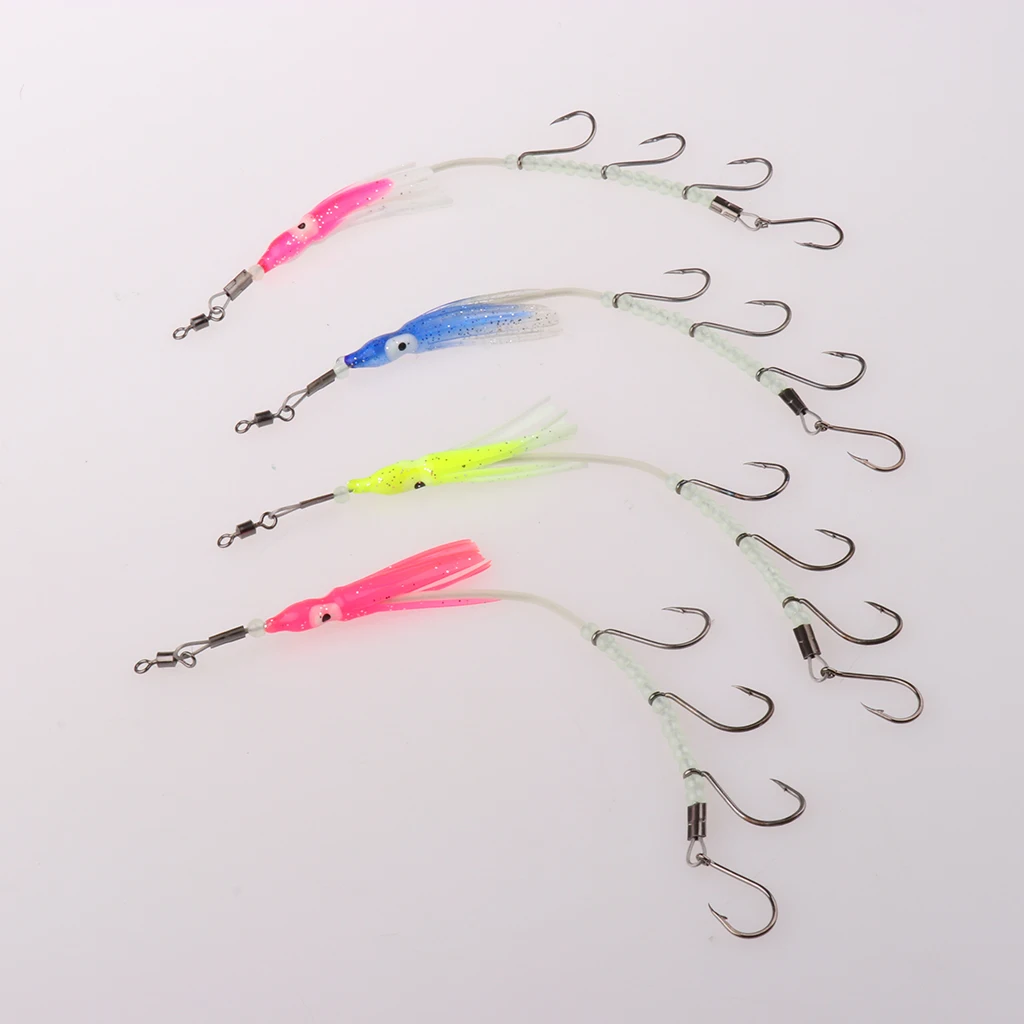 4x Fish Hooks Flasher Rig Saltwater Fishing Hooks Luminous Multicolor Random