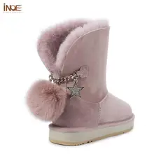 INOE повседневные женские зимние ботинки из овечьей кожи с меховой подкладкой зимние ботинки ботинки с помпонами из лисьего меха теплые зимние полусапоги на плоской подошве нескользящие удобные цвет розовый, серый
