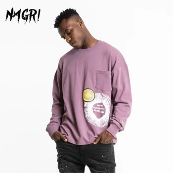 

NAGRI Men Hip Hop Pullover Streetwear T-shirt Graphic Punk Tee Letter Pocket Printed Casual Loose Long Sleeve Top