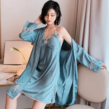 

Women 2020 New Nightwear Kimono Gown Casual Satin Sleepwear Intimate Lingerie 2PCS Night&Robe Set Sexy Homewear Nightdress