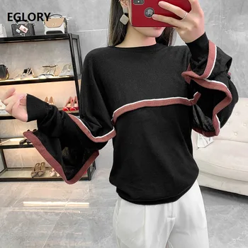 

High Quality Pullovers 2019 Autumn Casual Sweaters Women Batwing Sleeve Color Block Knitting Long Sleeve Black Orange Jumpers
