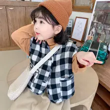 Жилет для девочек зимняя верхняя одежда корейский стиль, западный стиль, детский тонкий хлопковый клетчатый СВОБОДНЫЙ Модный жилет с подкладкой