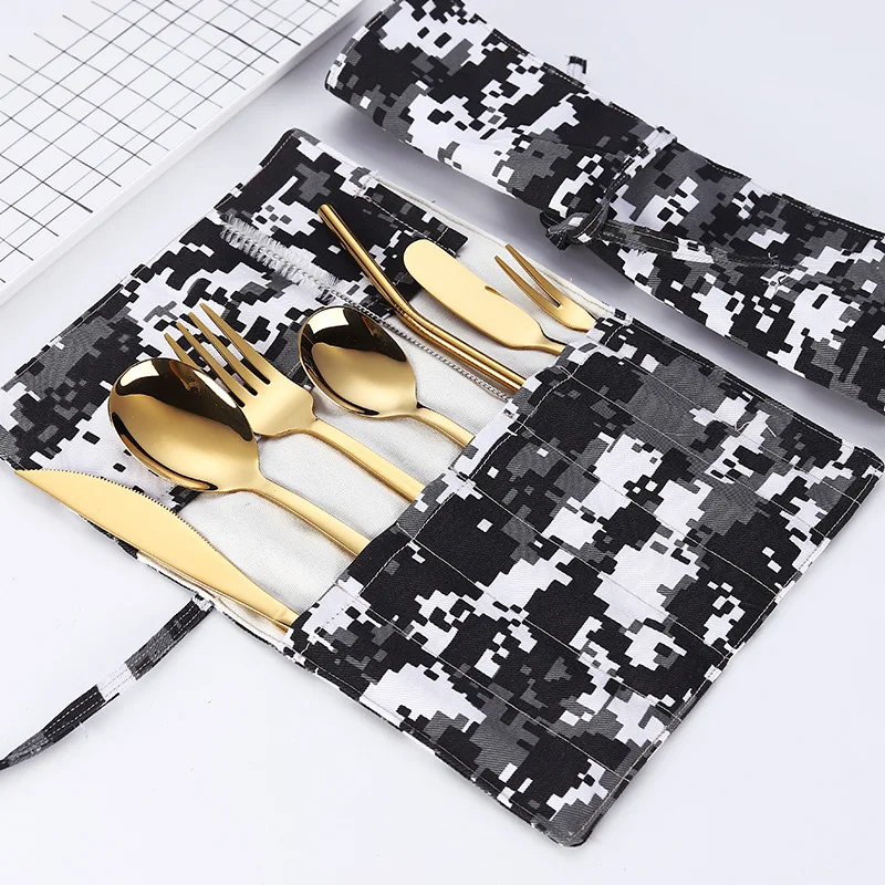 

New 9pcs/set Portable Stainless Steel Cutlery Set Dinnerware Tableware Set Knife Fork Spoon Straw with Camouflage Cloth Pack