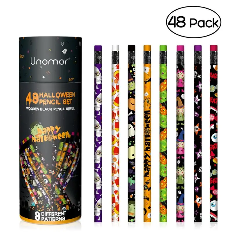 

UNOMOR 48pcs Halloween Pencil Set with Pen Holder Wooden Black Refill Pencil with Lovely Patterns Gift for Halloween