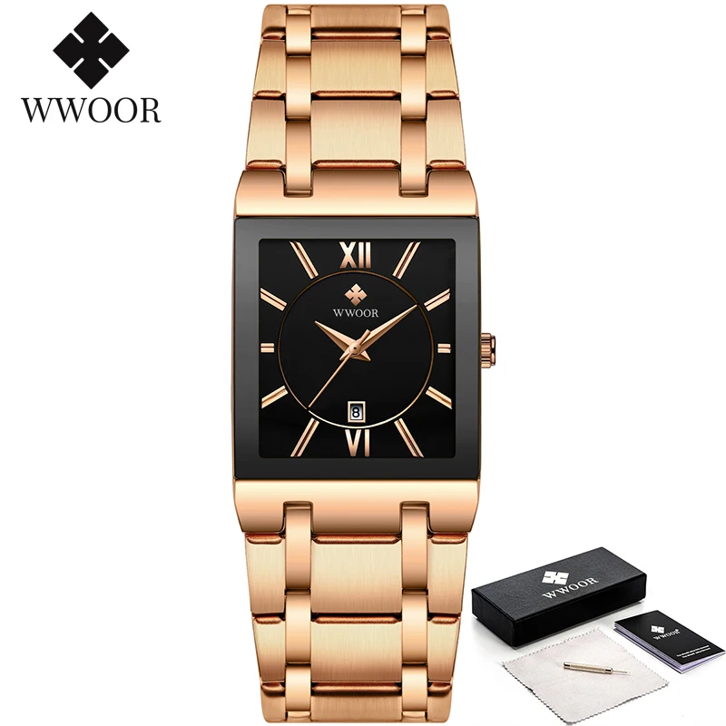 WWOOR Orologio Quadrato Uomo Acciaio Inox - Tutto Oro | Cronografo Quarzo Con Data | Vetro Minerale 41x29 Mm